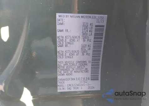 2024 Nissan Titan Sv 4X2 z USA, uszkodzony, nr VIN 1N6AA1EF3RN107836